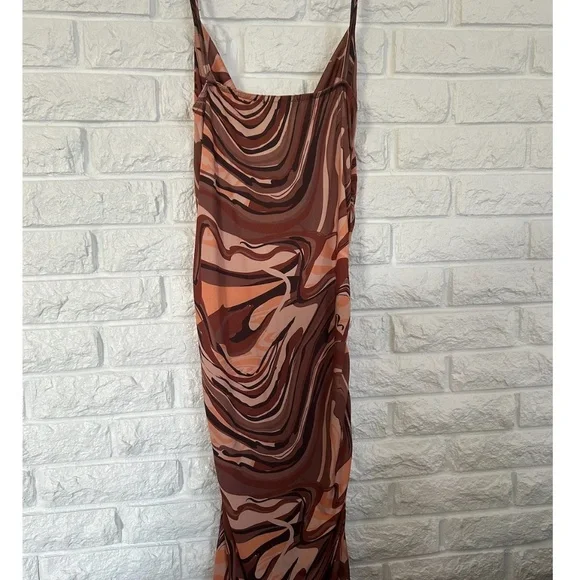 Brown Swirl/ Marble Print Mesh Ruched Midi Dress (size 8) - Picture 6 of 7